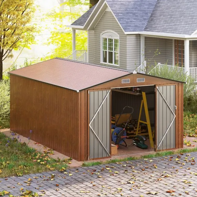 Costway 426 cm x 300 cm Outdoor Storage Shed Large Garden Tool House in Beige 4