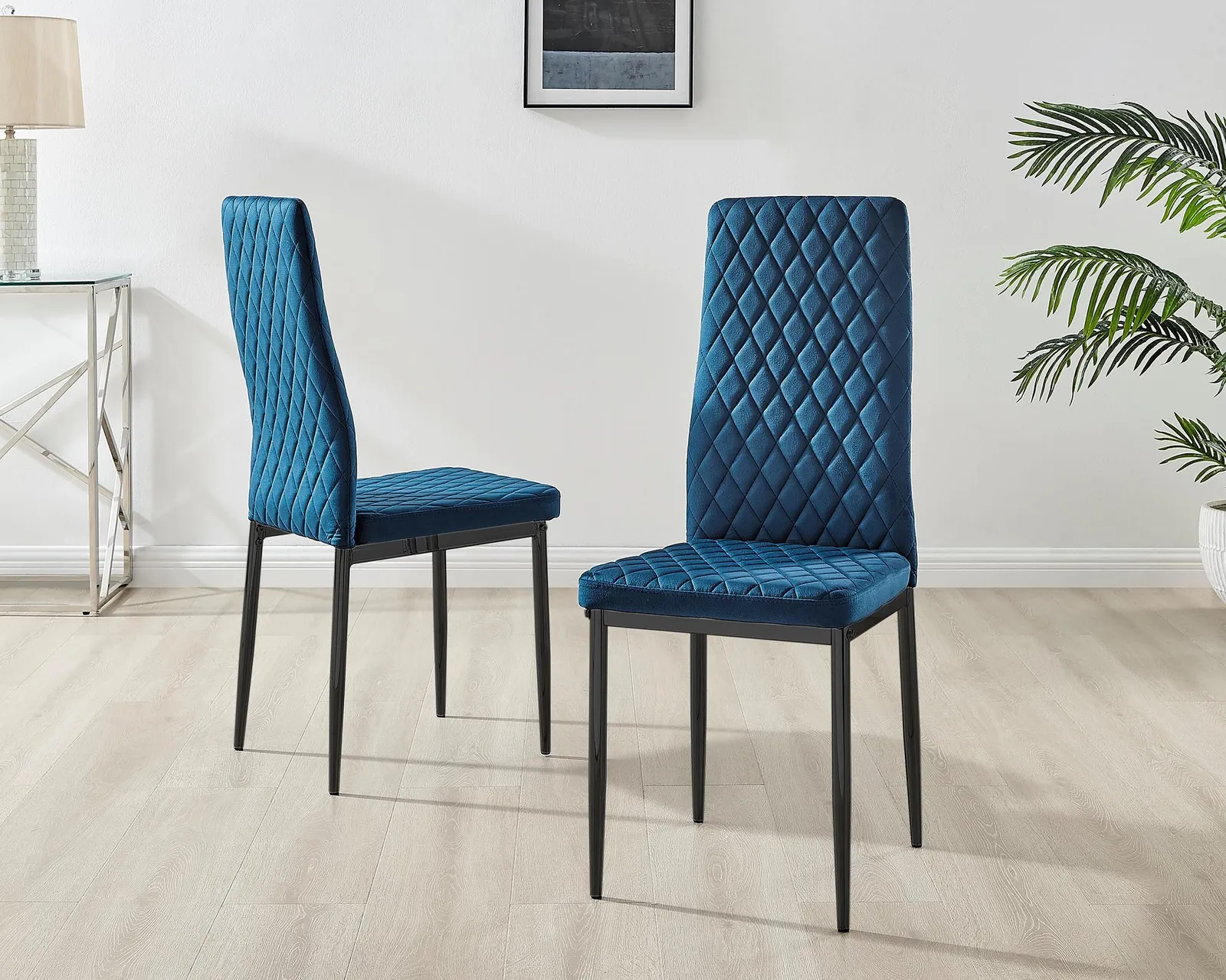 FurnitureboxUK Set of 4 Milan High Back Soft Touch Diamond Pattern Velvet Dining Chairs With Black Powder Coated Metal Legs in Navy 2
