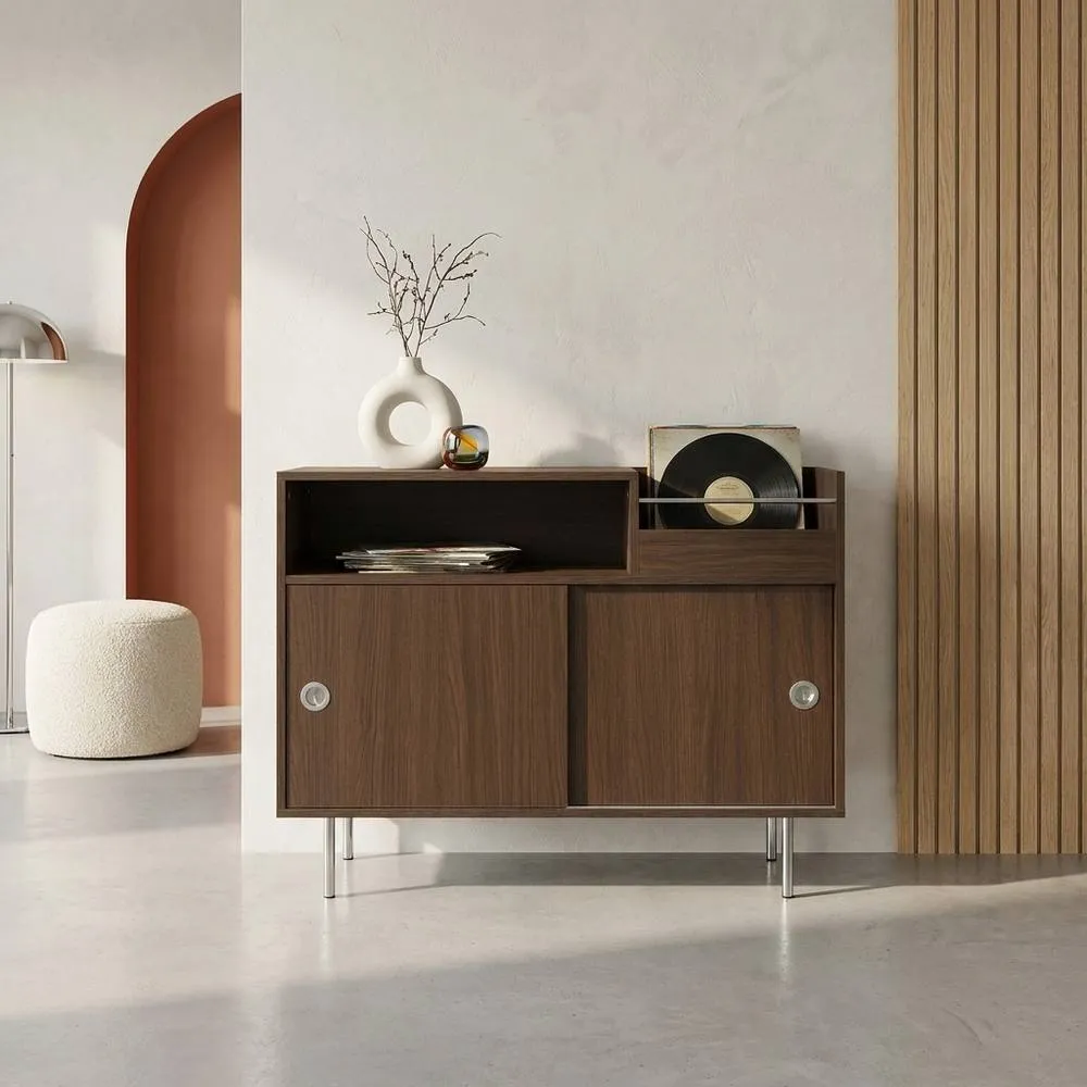 sweeek Vintage vinyl furniture with wood decor & stainless steel 100cm in Dark Brown