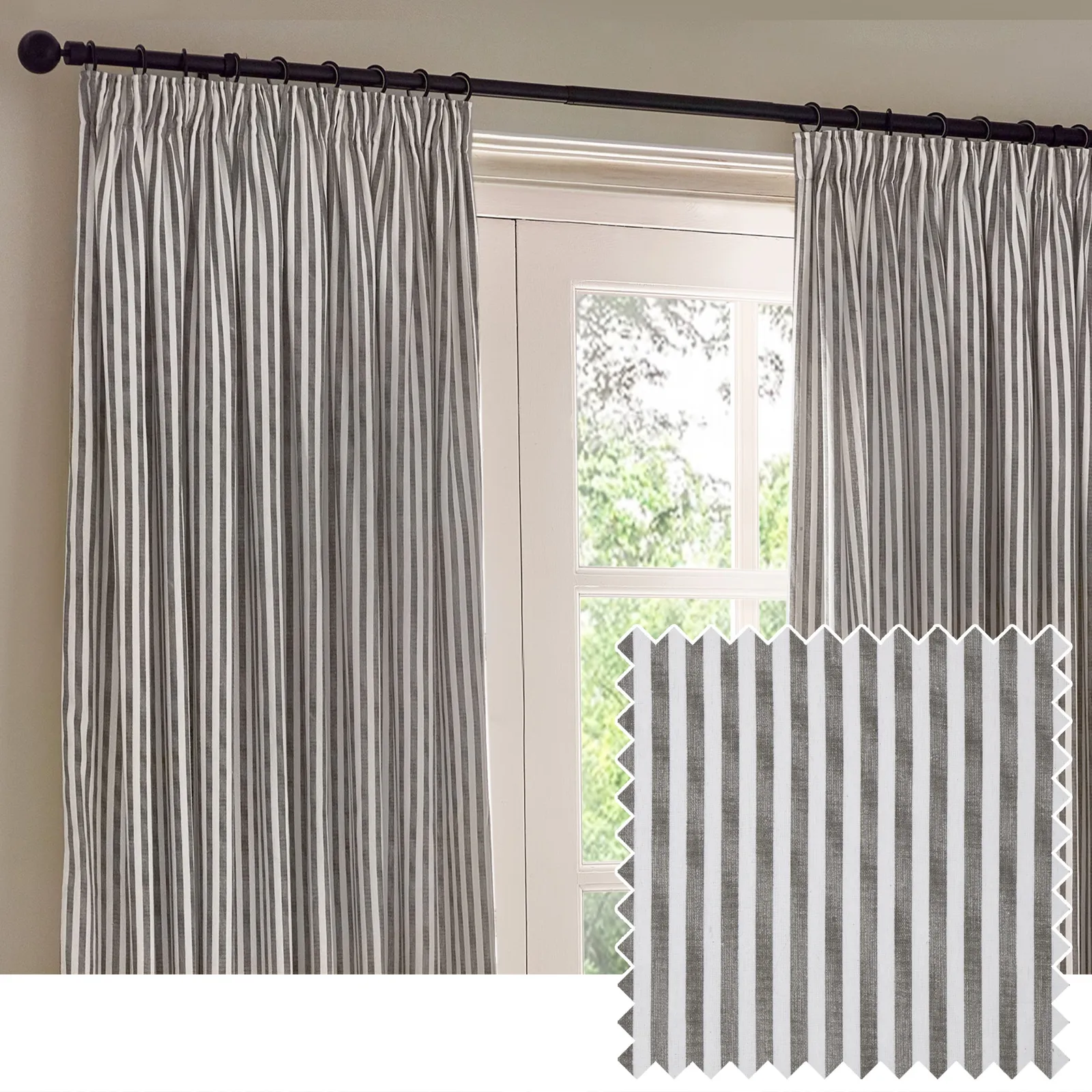 Yard Hebden Striped 100% Cotton Lined Pencil Pleat Curtain Pair in Grey 1