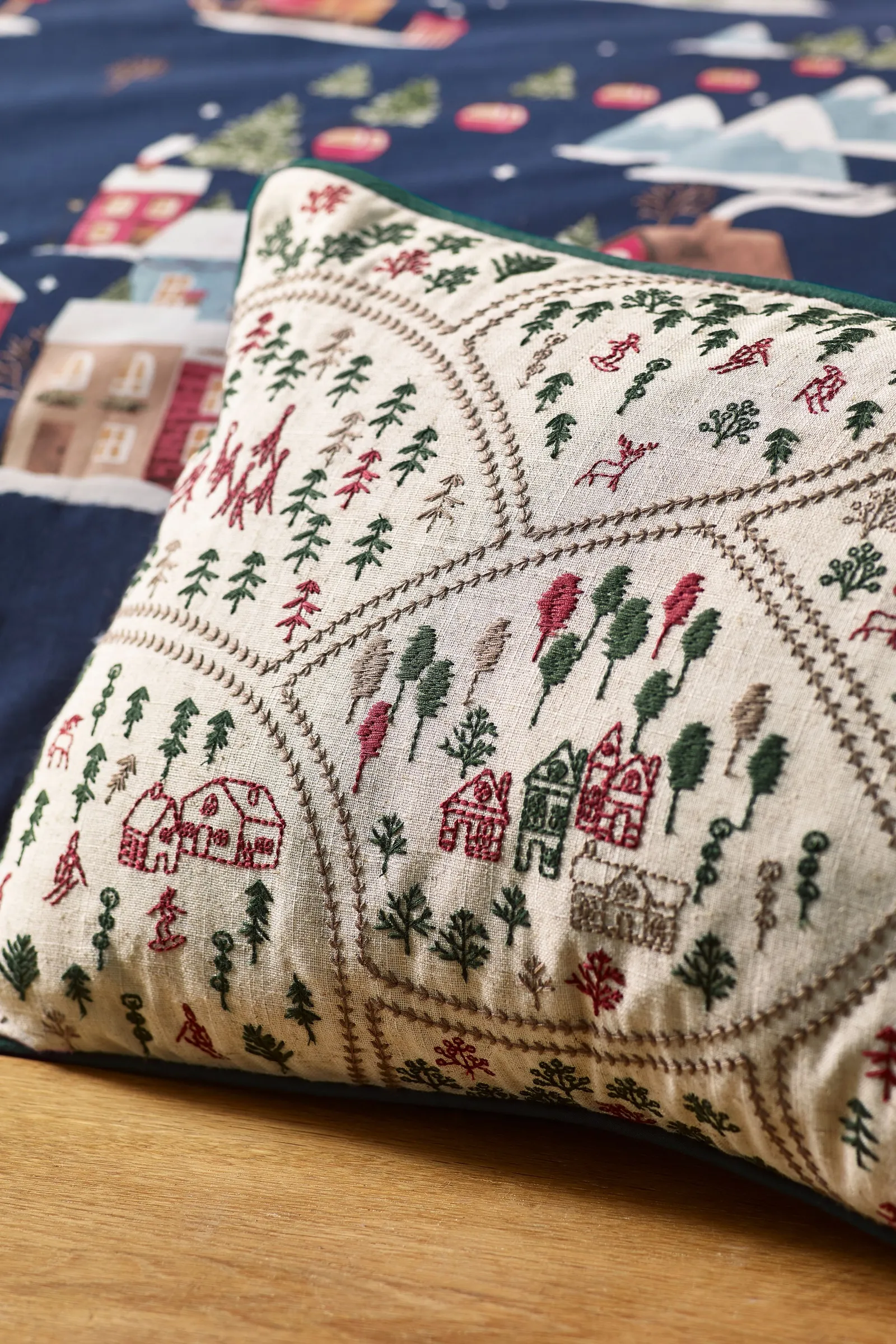 Catherine Lansfield 'Christmas Ski Village' Embroidered Cushion in Natural 2