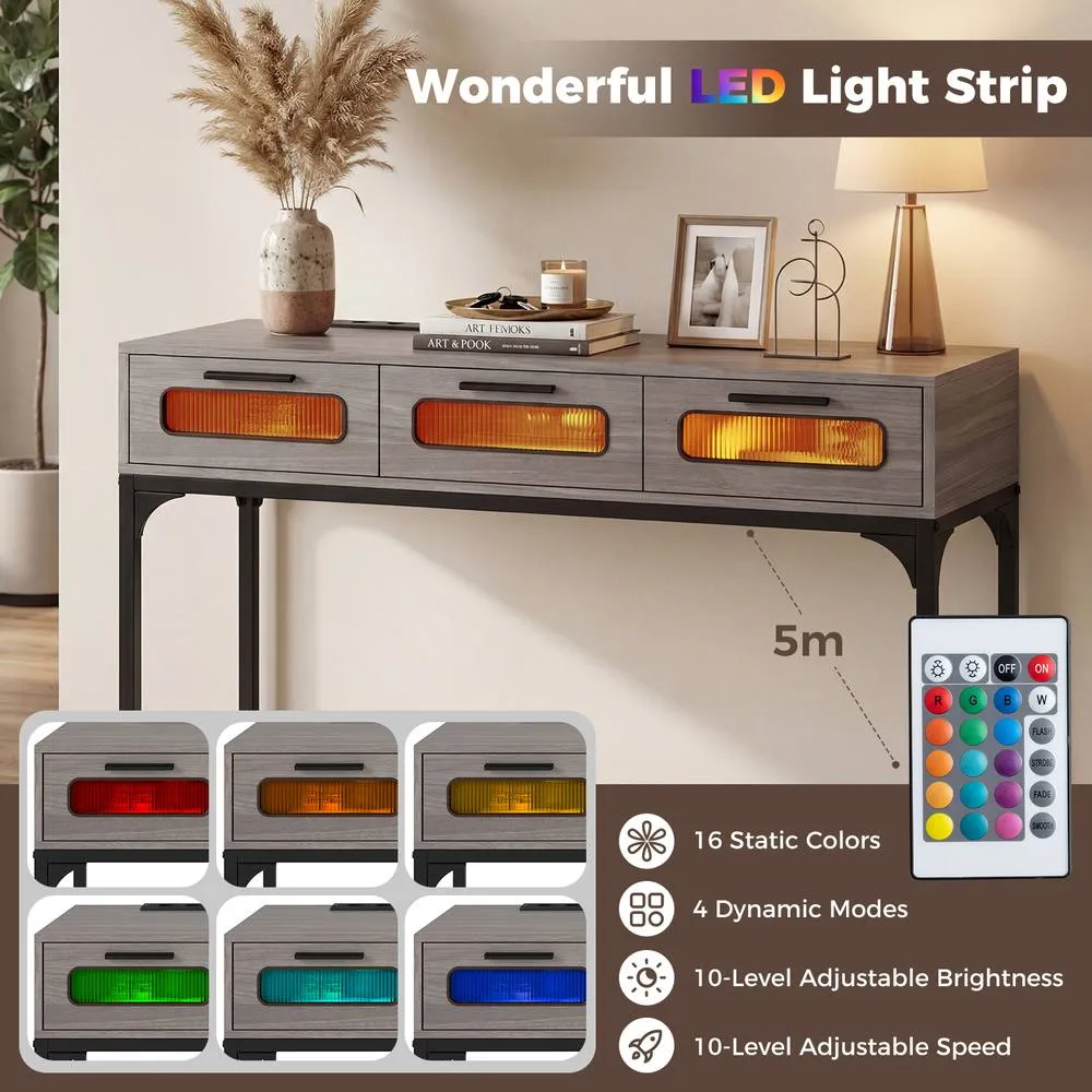 Costway Console Table with LED Lights & Charging Station in Grey 4