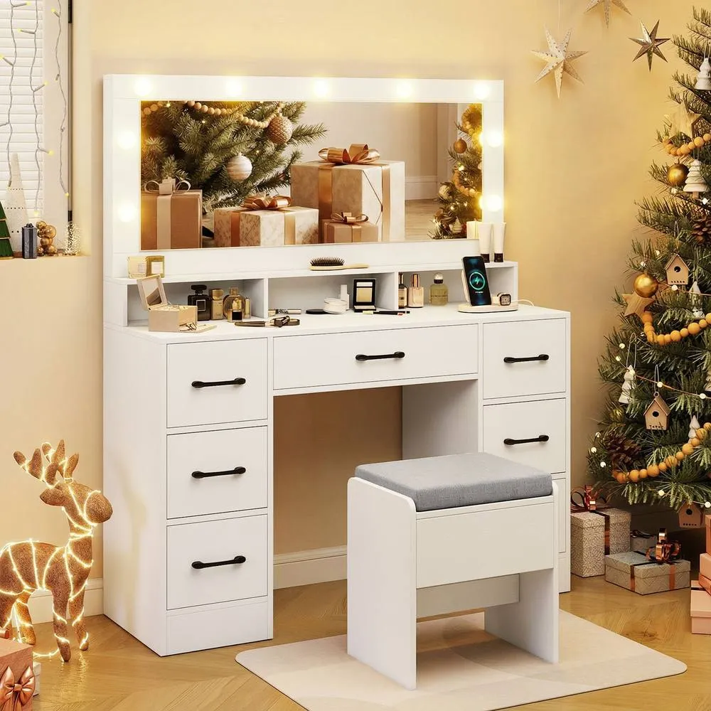 Costway Vanity Desk with Mirror & Lights Makeup Table with 7 Drawers in White 4