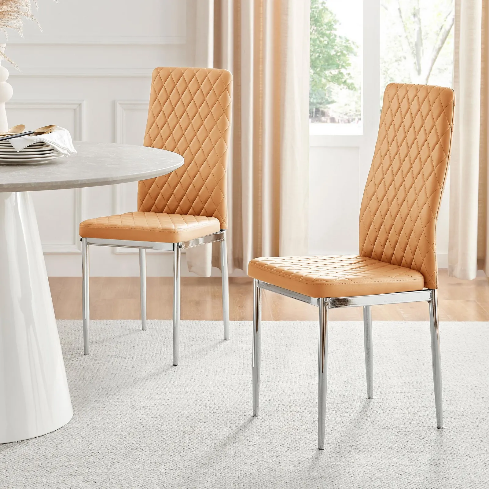 FurnitureboxUK Set of 6 Milan High Back Soft Touch Diamond Pattern Faux Leather Dining Chairs With Silver Chrome Metal Legs in Mustard