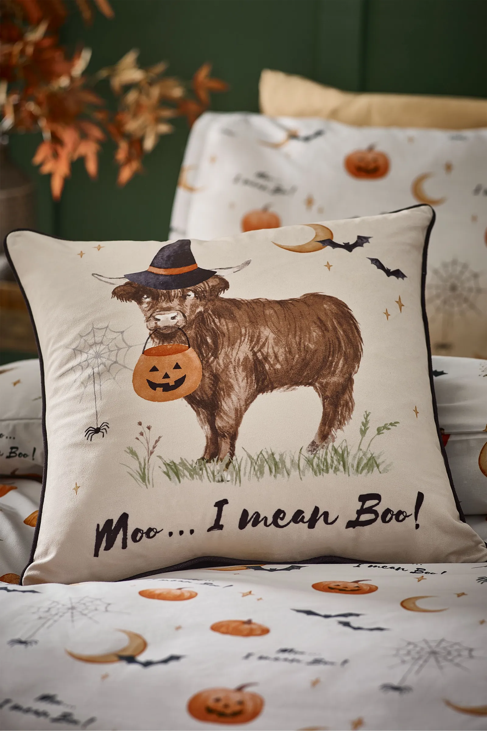 Catherine Lansfield 'Halloween Highland Cow' Soft Touch Cushion in Natural