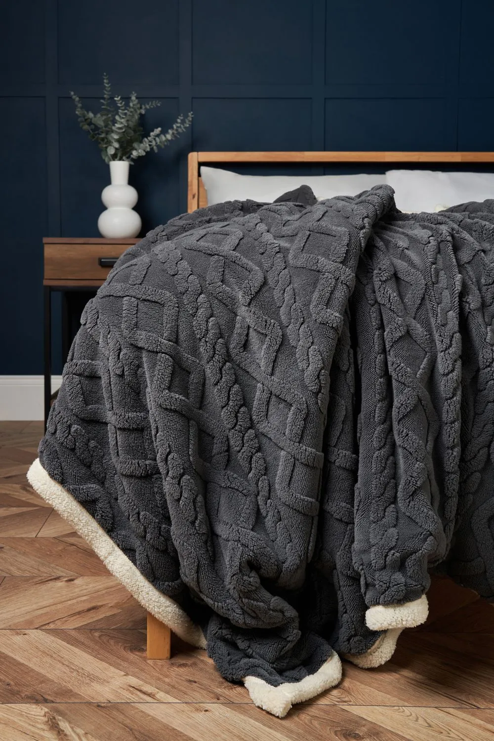 BHS Cable Knit Throw with Sherpa Backing in Charcoal