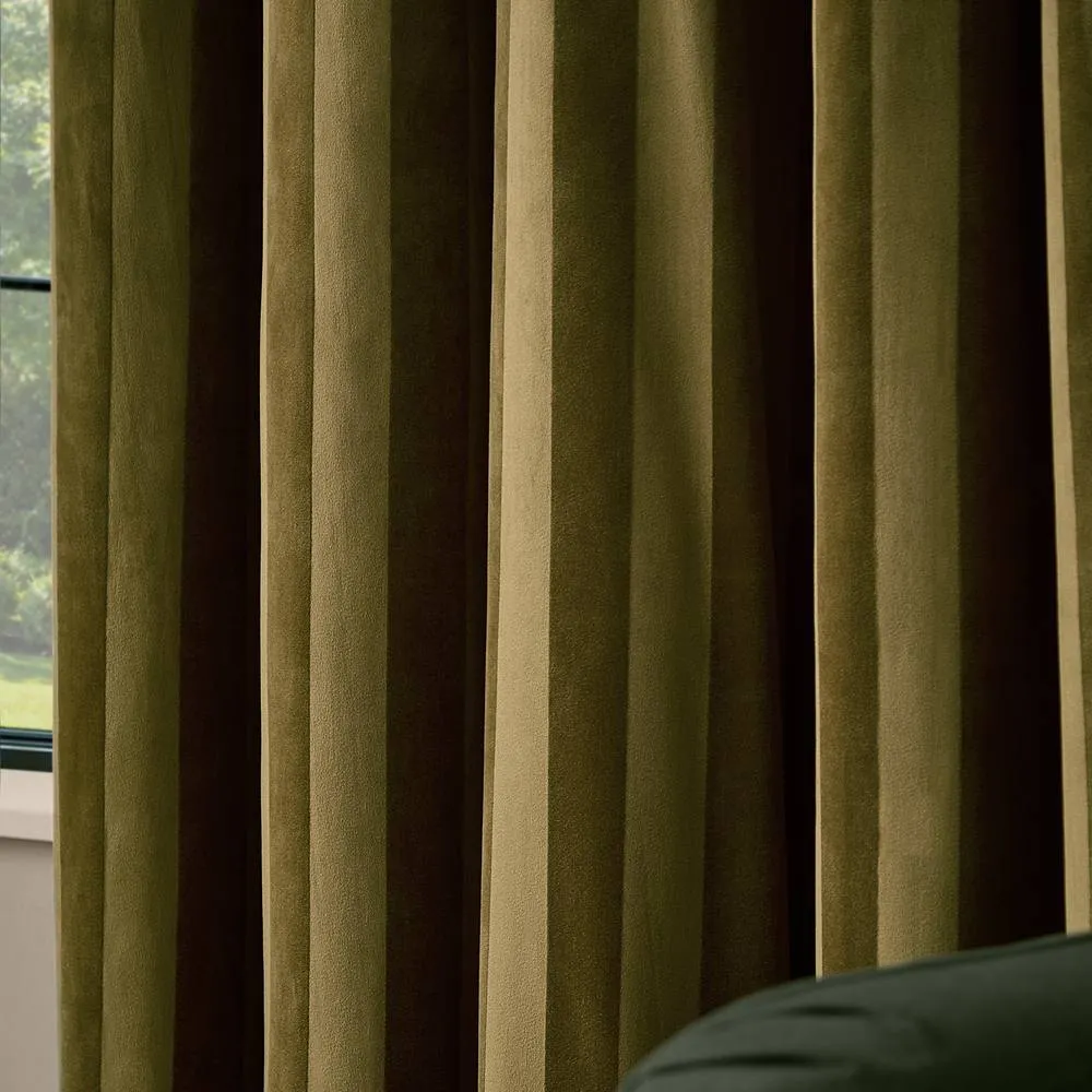 Paoletti Regency Stripe Velvet Eyelet Curtain Pair Olive 117Cm Width 137Cm Drop, Green 4