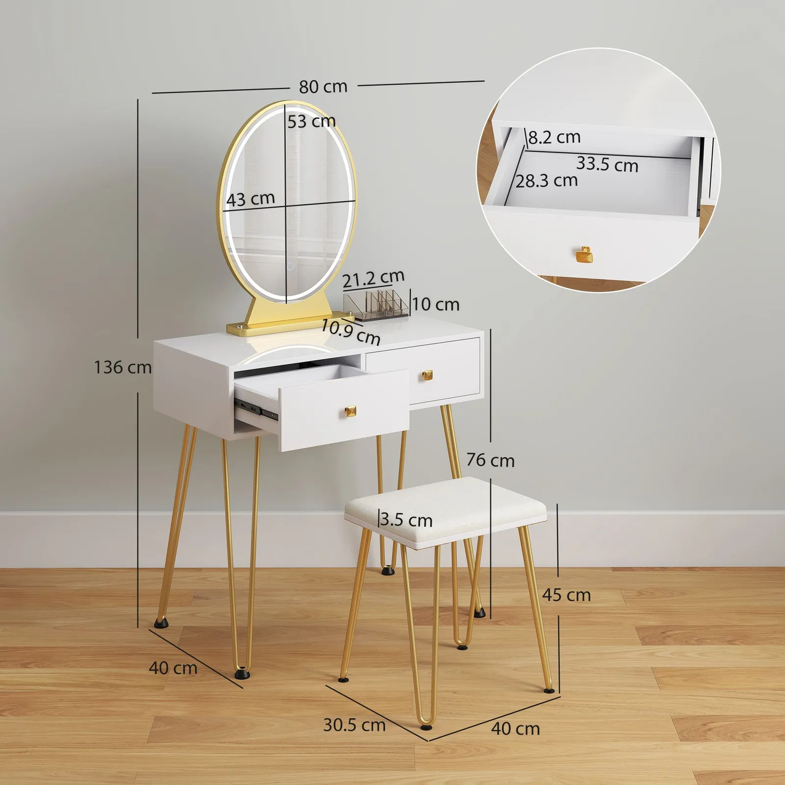 HOMCOM Vanity Table Set Dressing Table with 2 Drawers Cushioned Stool Makeup Table in White 3