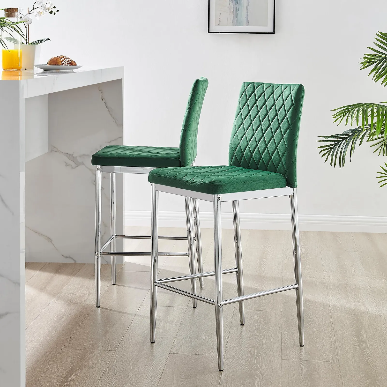 FurnitureboxUK Set of 2 Milan Soft Touch Hatched Velvet Padded Counter Stools With Silver Chrome Metal Legs in Green 1