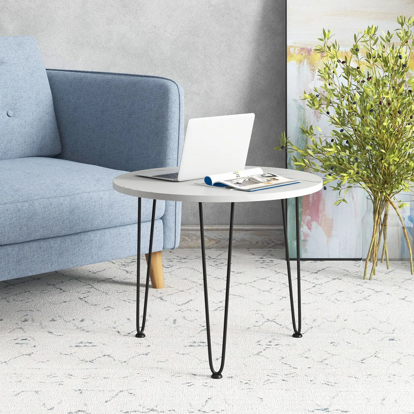 Costway Round Coffee Table Small Faux Marble Accent Table in White 4