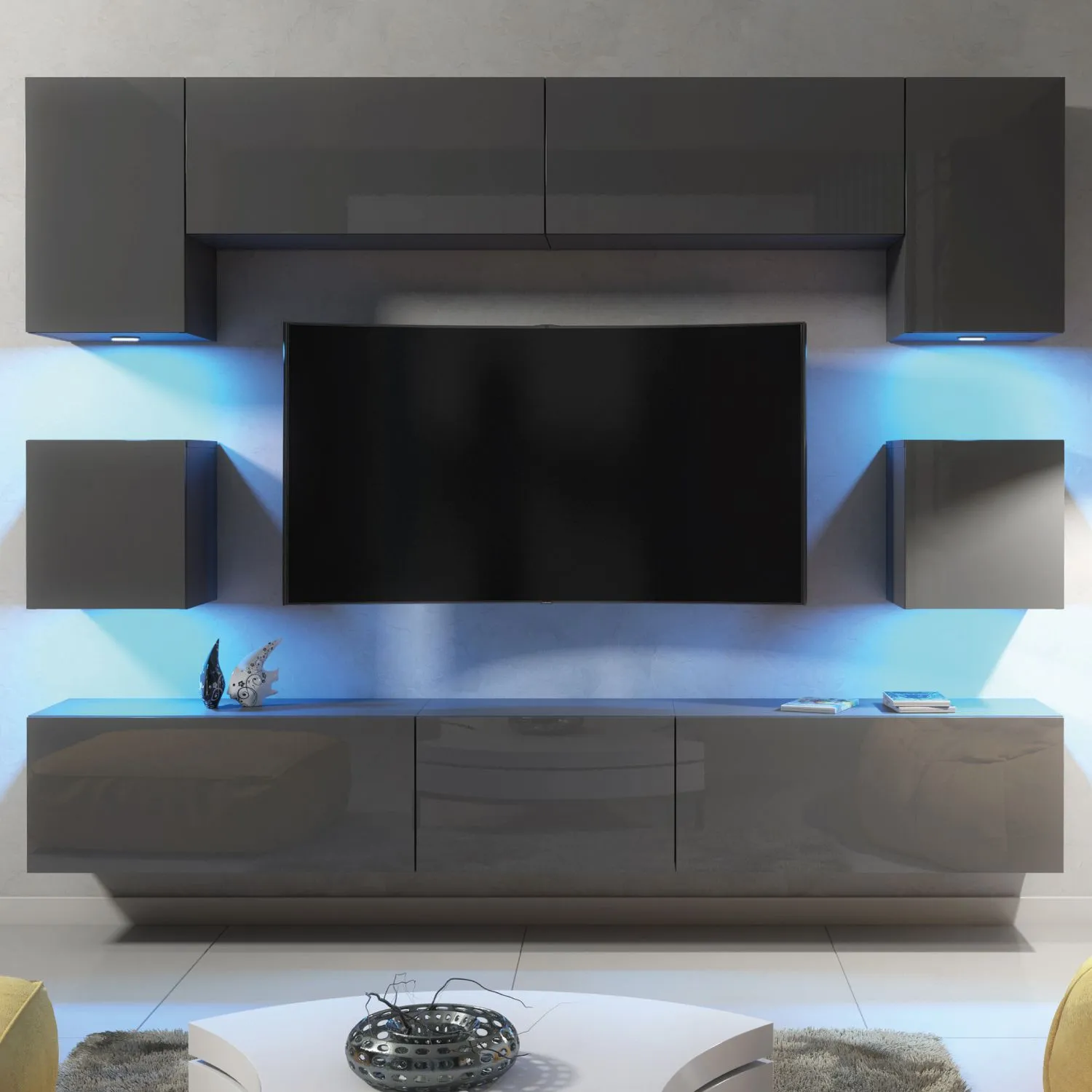 Creative Furniture Panorama Wall TV Unit - A Sleek & Modern Wall Cabinet with Gloss Doors & LED Lights in Dark Grey