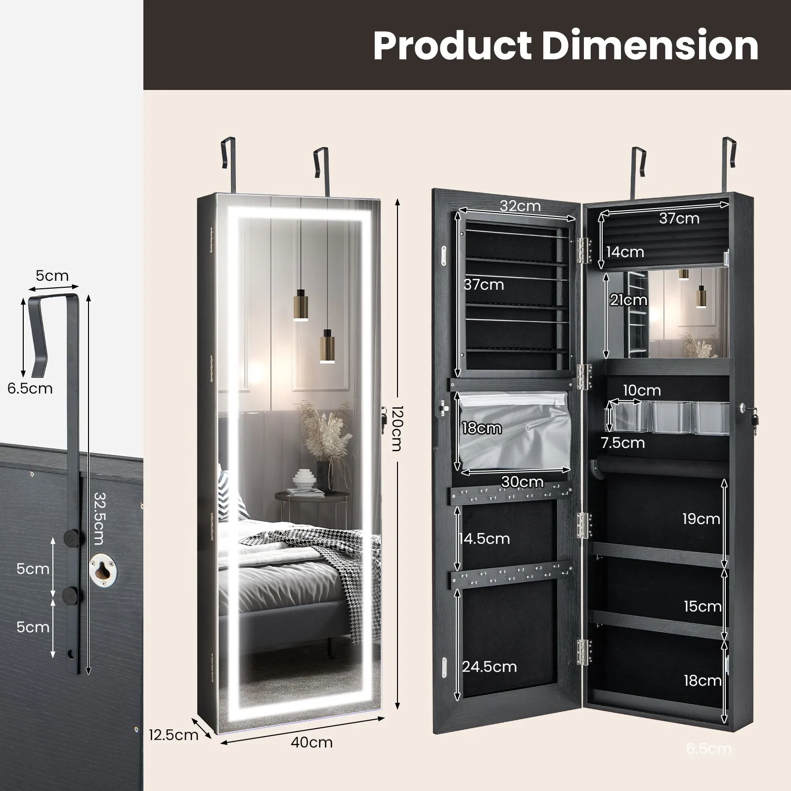 Costway 120cm Full Length Mirror Jewelry Cabinet Door Hanging/Wall Mounted Mirror with 3 Color Lights in Black 2