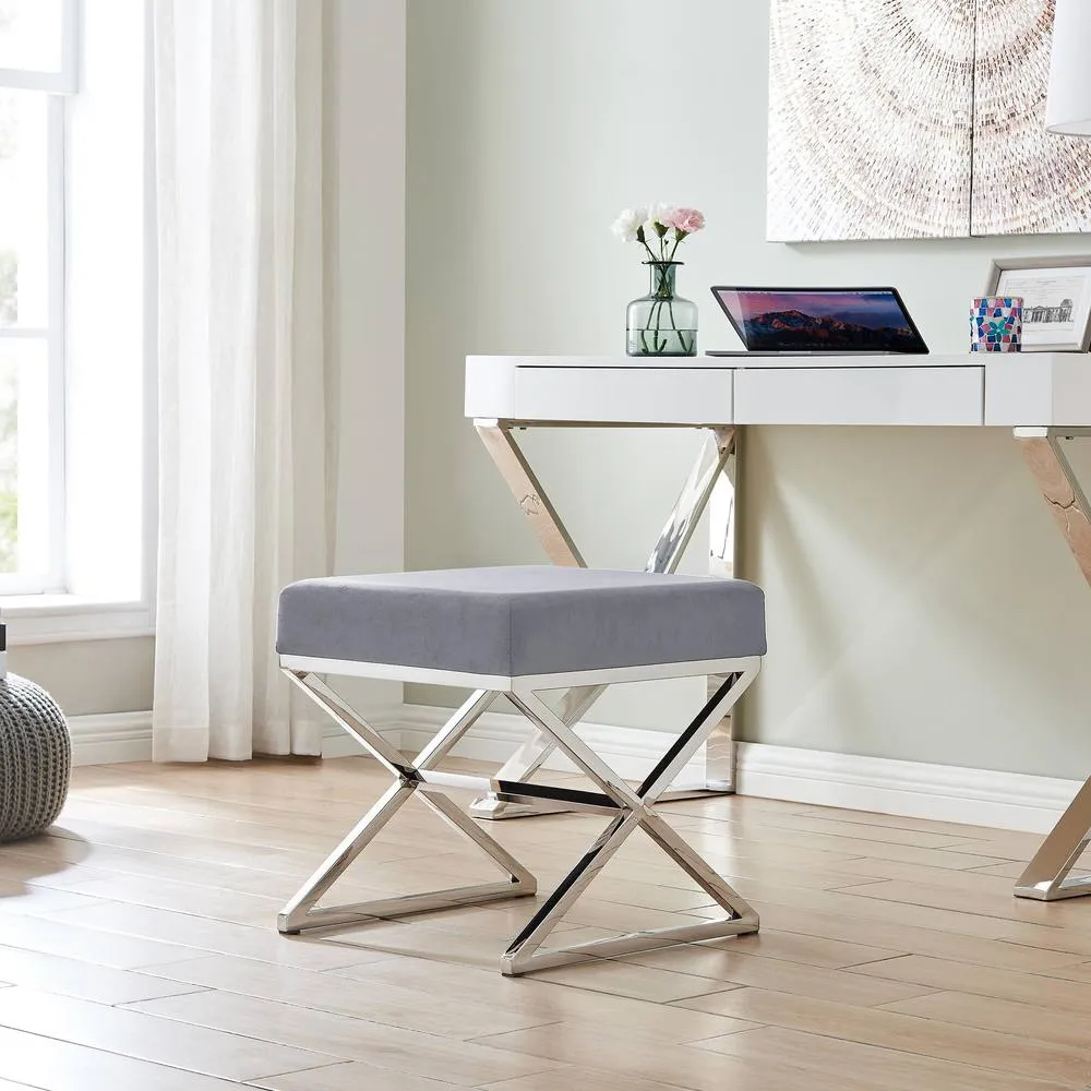 FurnitureboxUK Oxford Modern Grey Velvet & Silver Chrome Stool