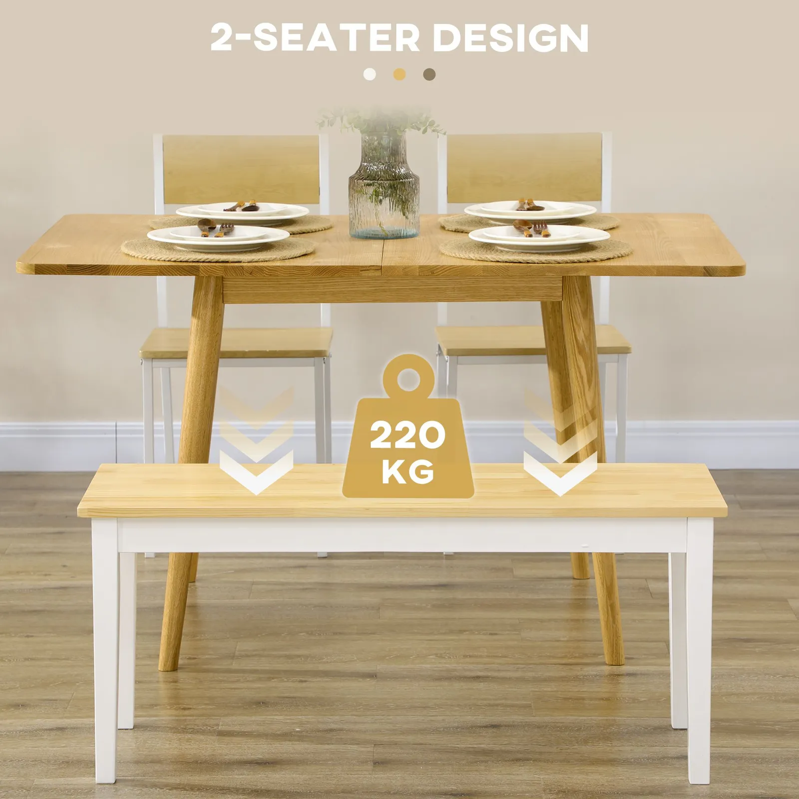 HOMCOM Wood Dining Bench Wooden Bench for 2 People in White 4