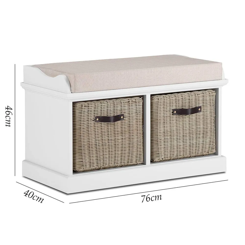 Statement Furniture Tetbury Bench with 2 Brown Faux Rattan Baskets & Cream Cushion in White 2