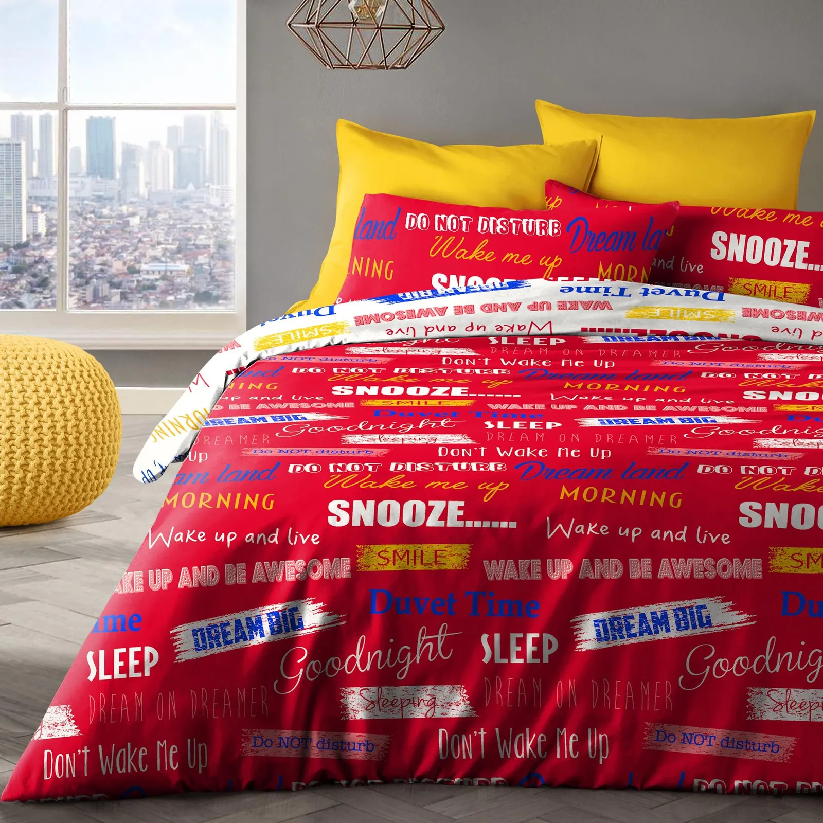 Velosso Wake Me Up Cotton Rich Printed Duvet Cover & Pillowcase Set in Red