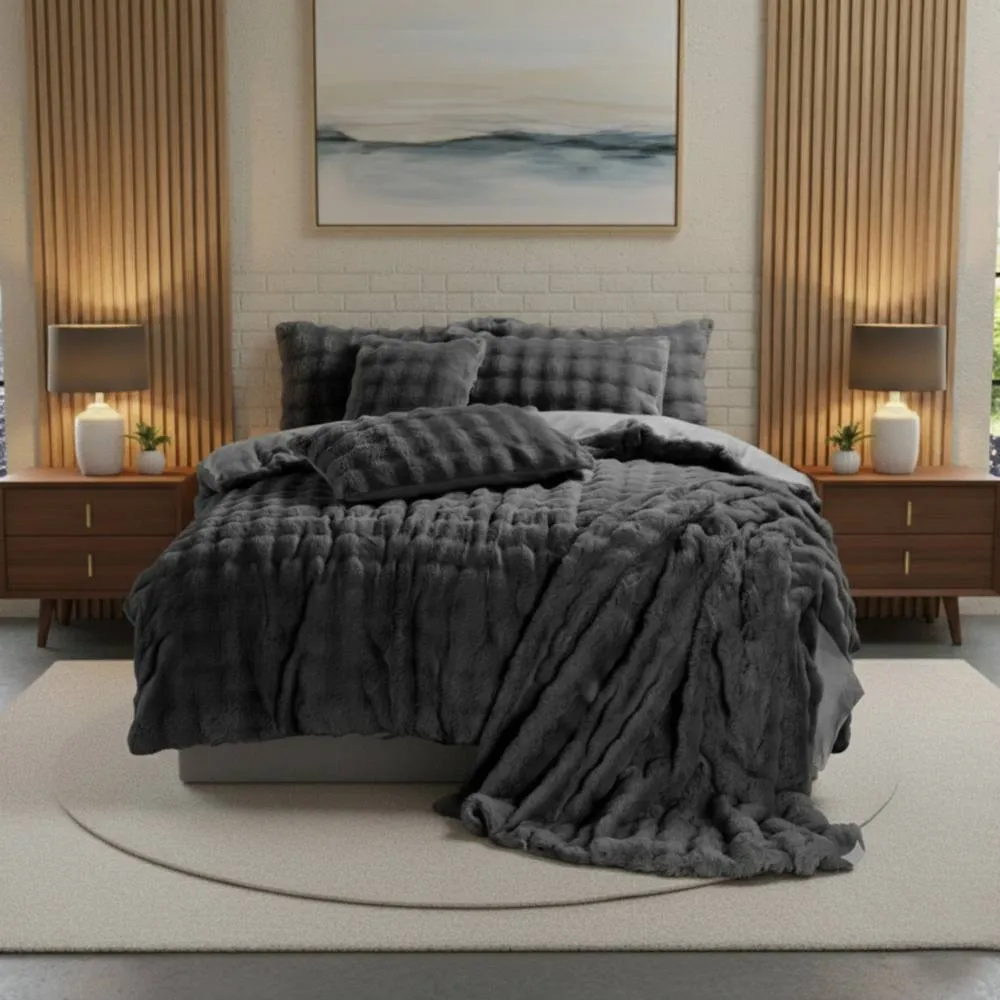 Snug City Rabbit Faux Fur Teddy Duvet Cover Set Ultra Soft Plush Bedding in Grey