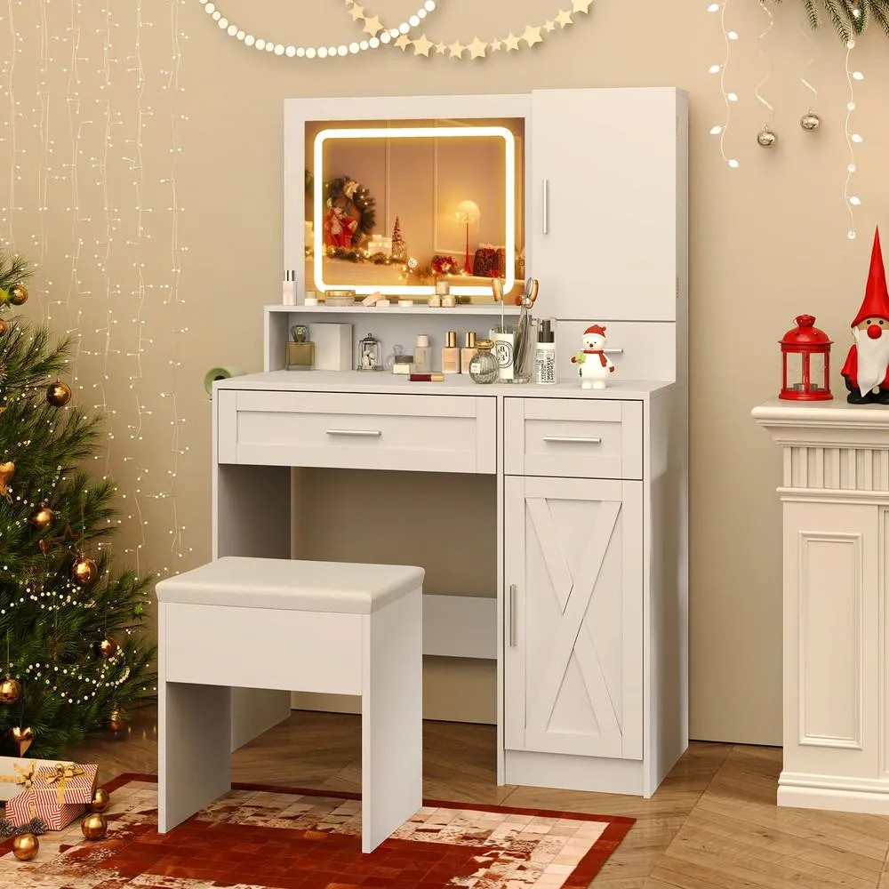 Costway Makeup Vanity Desk Farmhouse Dressing Table & Stool Set w/ Drawers in White 6