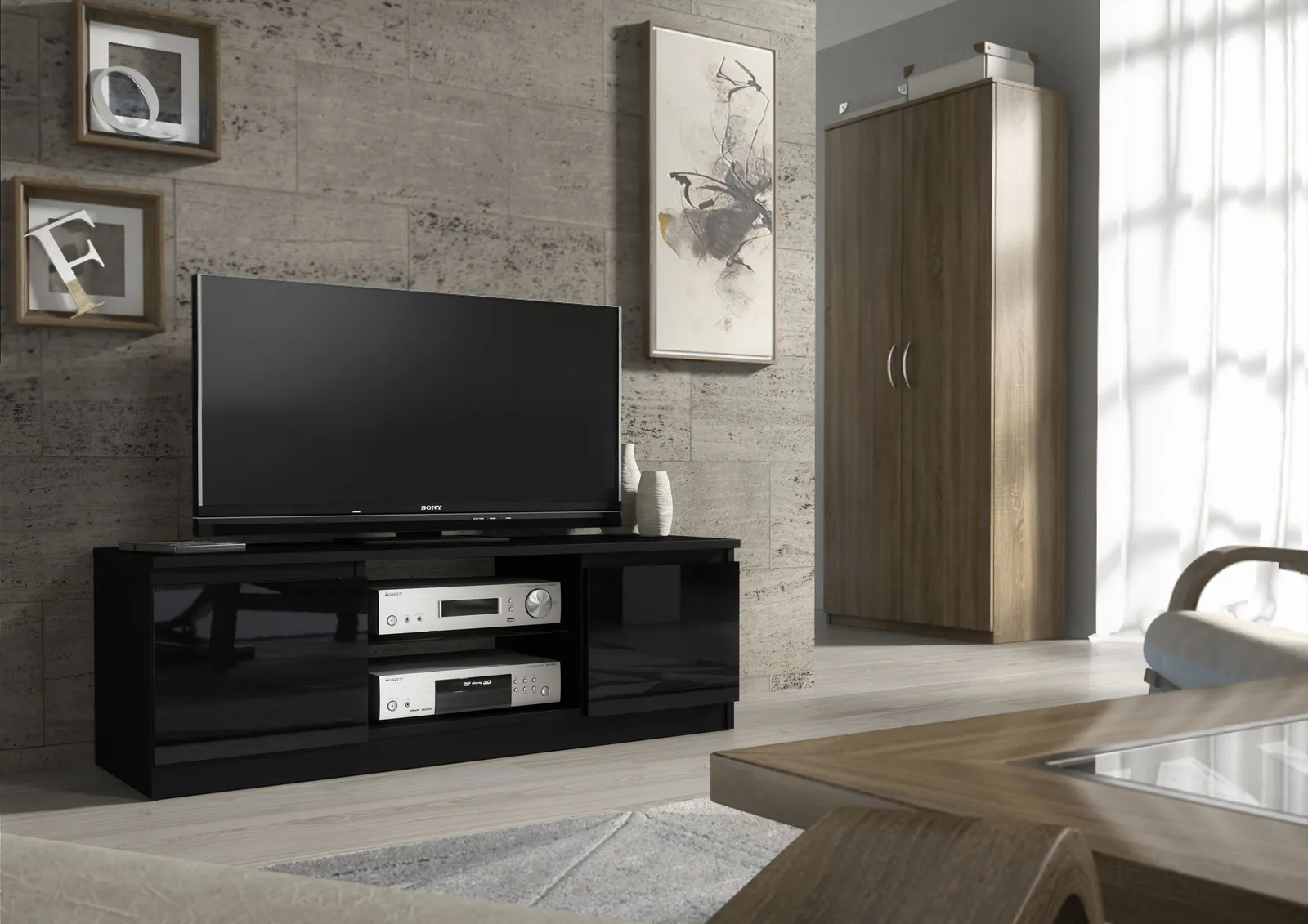 Creative Furniture TV Unit 120cm Modern - Black with High Gloss Doors 2