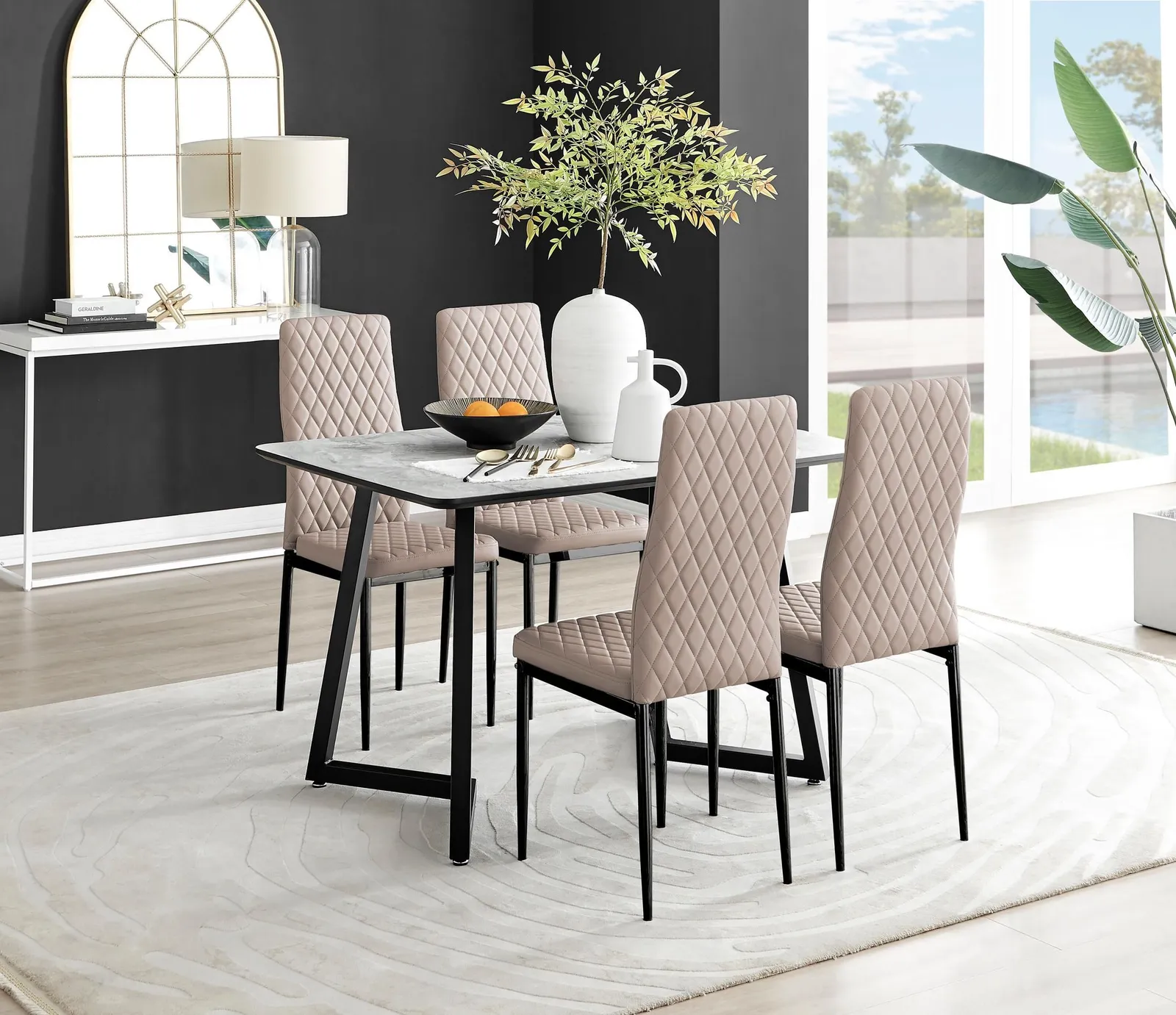 FurnitureboxUK Carson White Marble Effect Dining Table & 4 Milan Black Leg Chairs in Beige 1