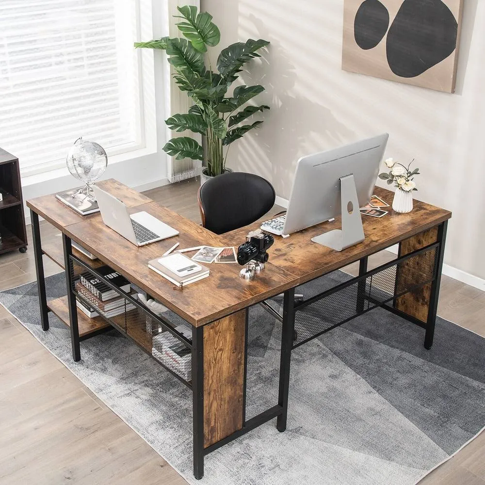 Costway L-Shaped Corner Computer Desk 150cm Large Corner Desk Workstation 2-Tier Shelves in Brown 3