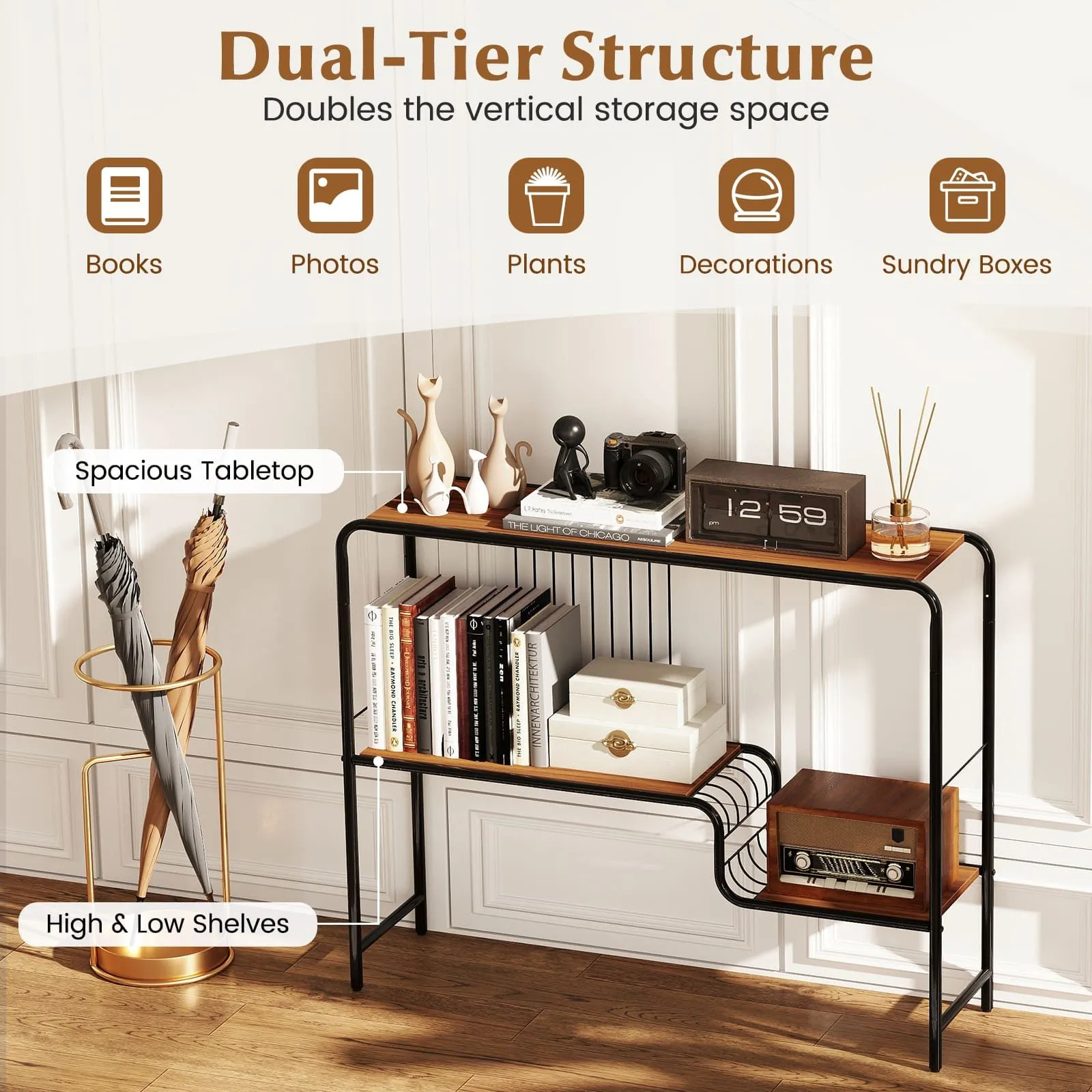 Costway Console Table Entryway Table with Storage Shelf & Metal Frame-Coffee in Walnut 3