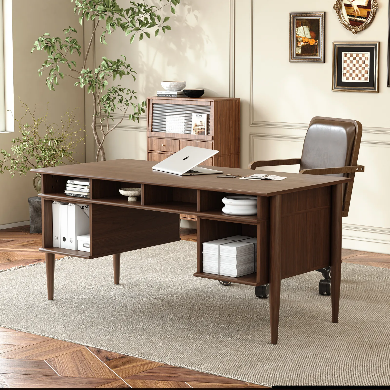 64" Mid-century Style Walnut Home Office Desk & Faux Leather Adjustable Office Chair