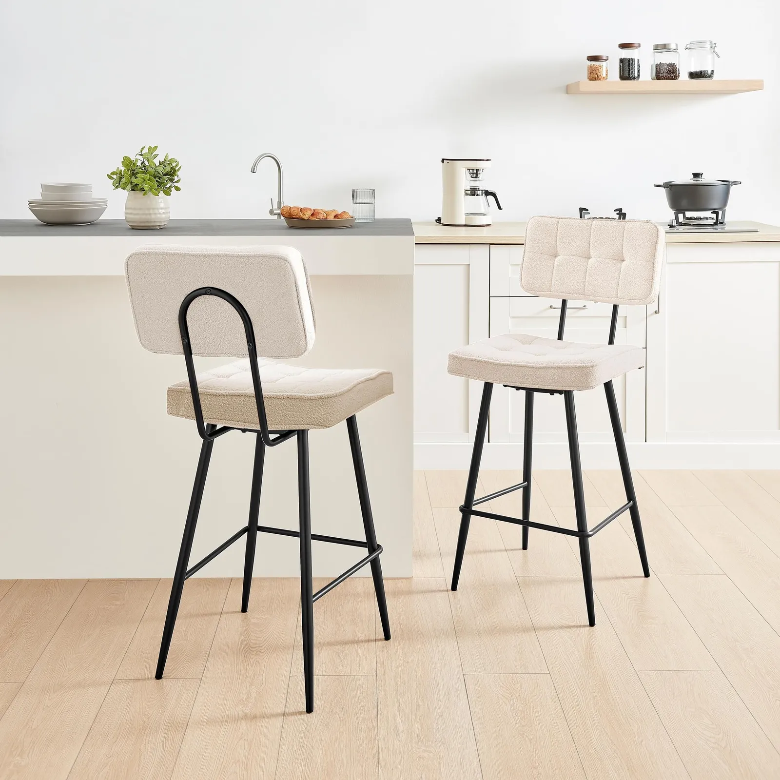 FurnitureboxUK Braxton 2x Cream Boucle Fabric Black Leg Counter Stools