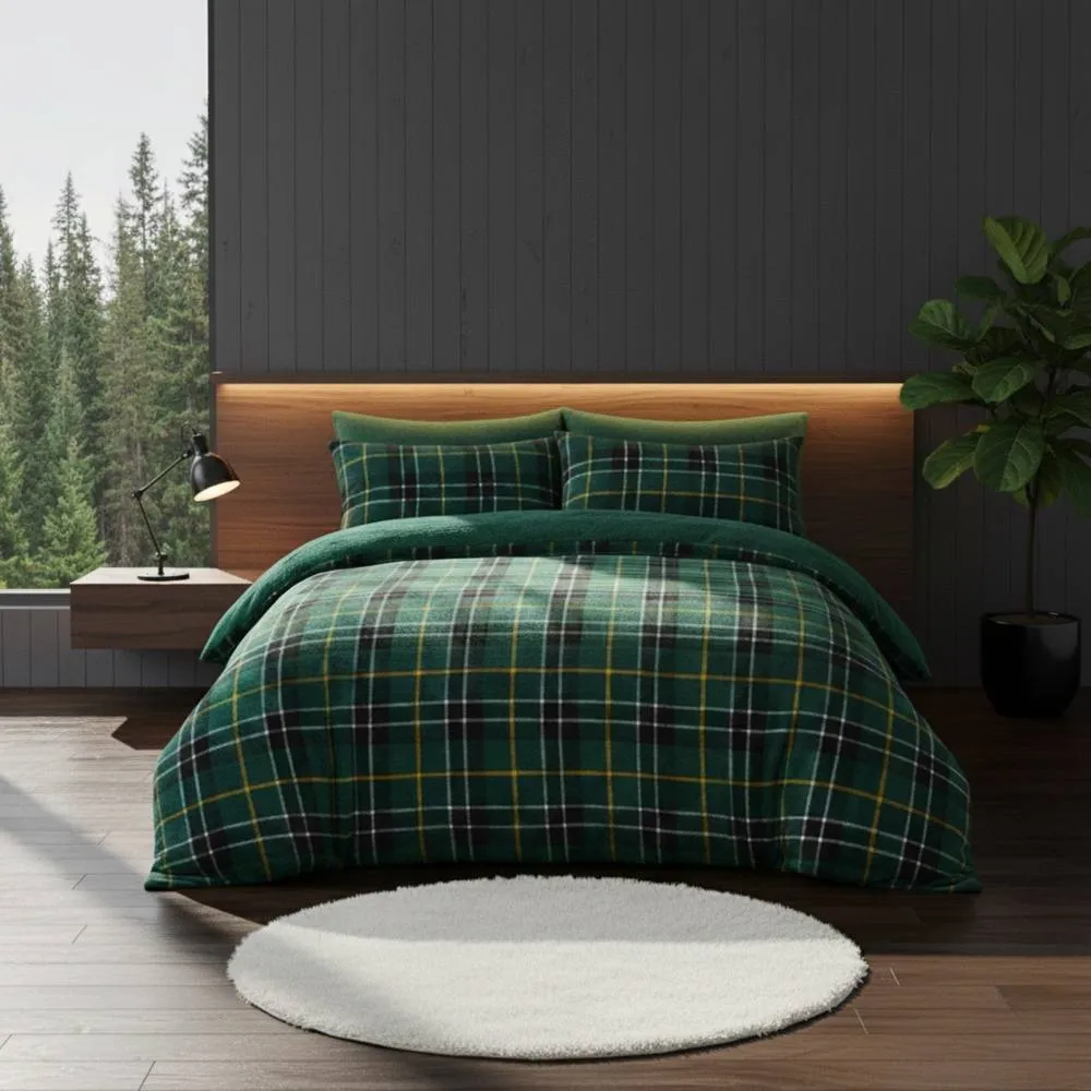 Snug City Ultra Soft Teddy Duvet Cover Tartan Check Reversible Fleece Bedding in Green