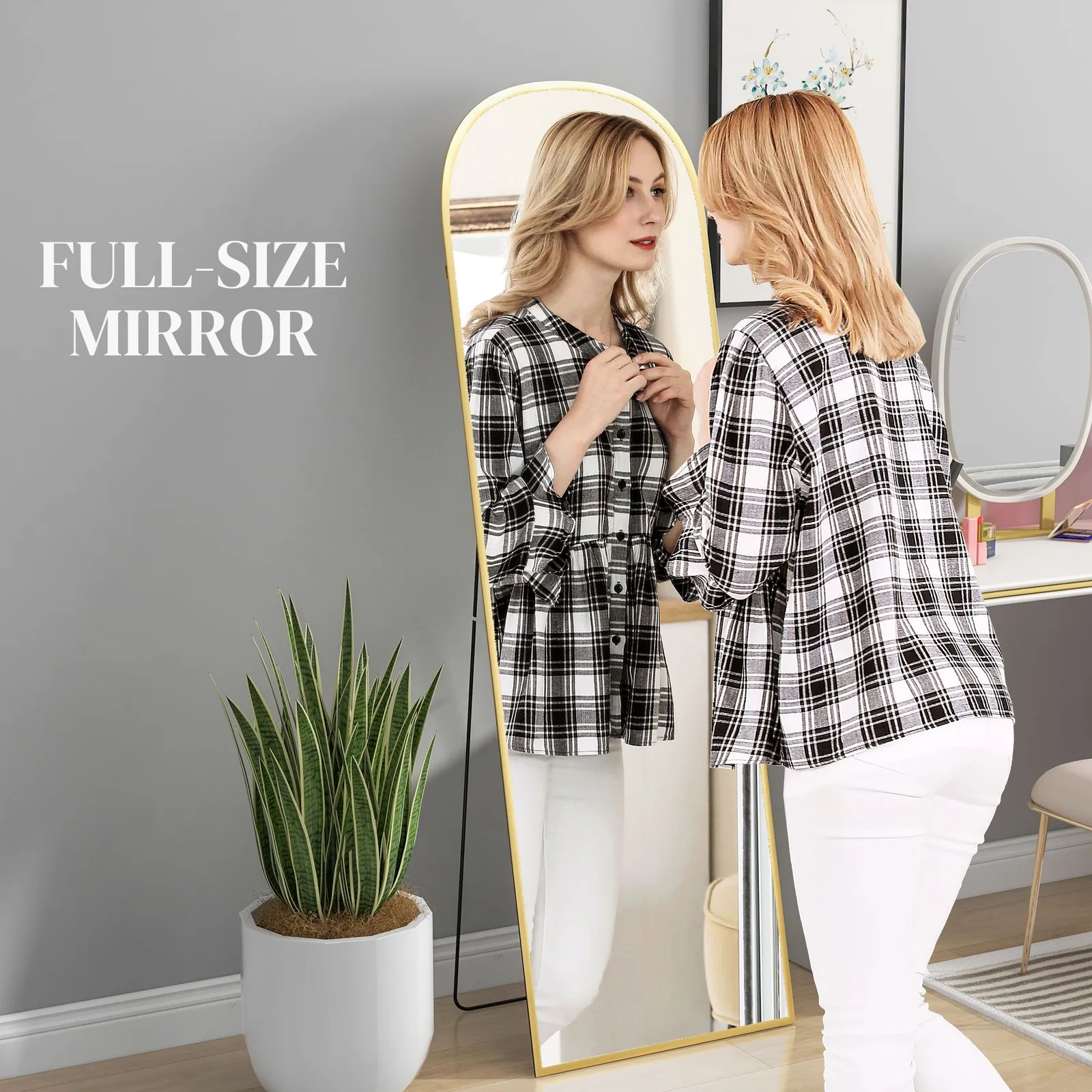 HOMCOM Full Length Mirror with Aluminium Alloy Frame Hanging Leaning Gold 4