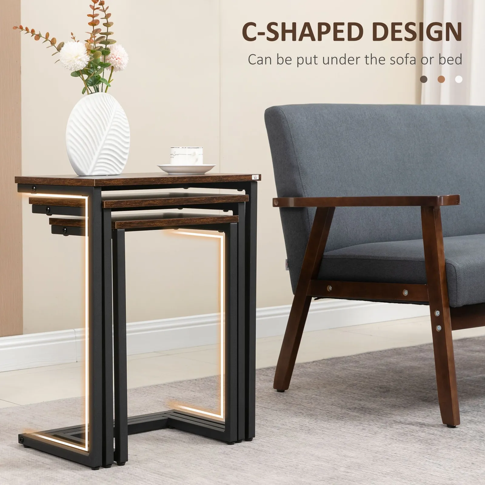 HOMCOM C-Shaped Nesting Tables Set of 3 with Steel Frame, Rustic Brown 6