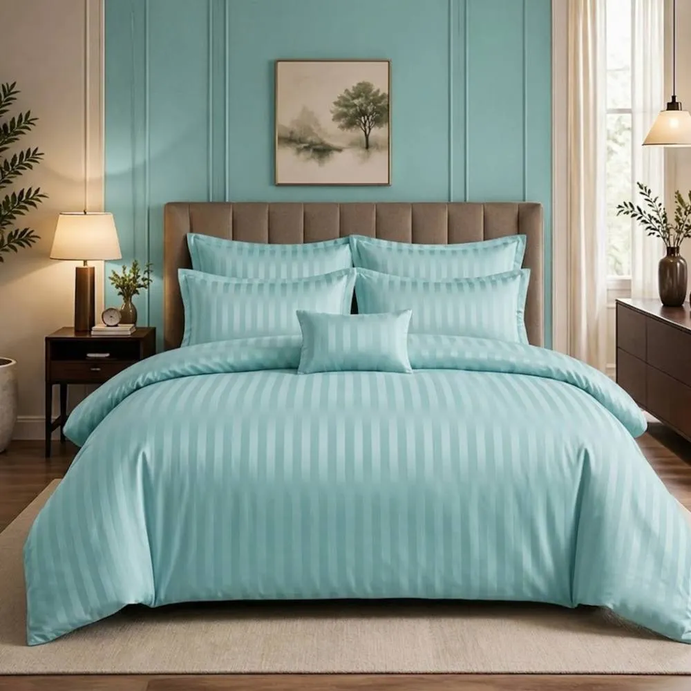 Pamposh Luxury Embossed Stripes Duvet Cover Set in Aqua