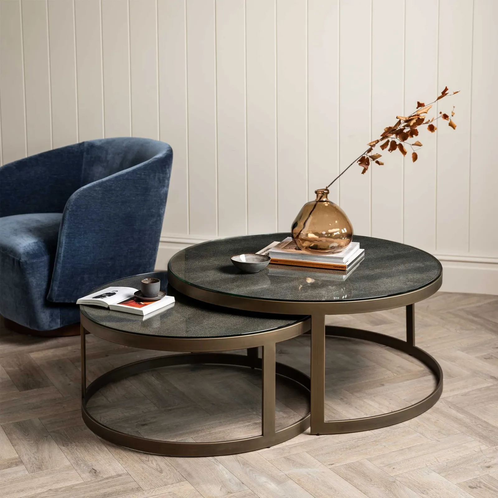 Nerina Set Of 2 Coffee Tables With Glass Top, Round, Gold Metal | Barker & Stonehouse 2