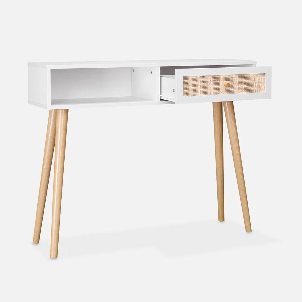 sweeek 100cm Wood & Cane Decor Console Table in White 3