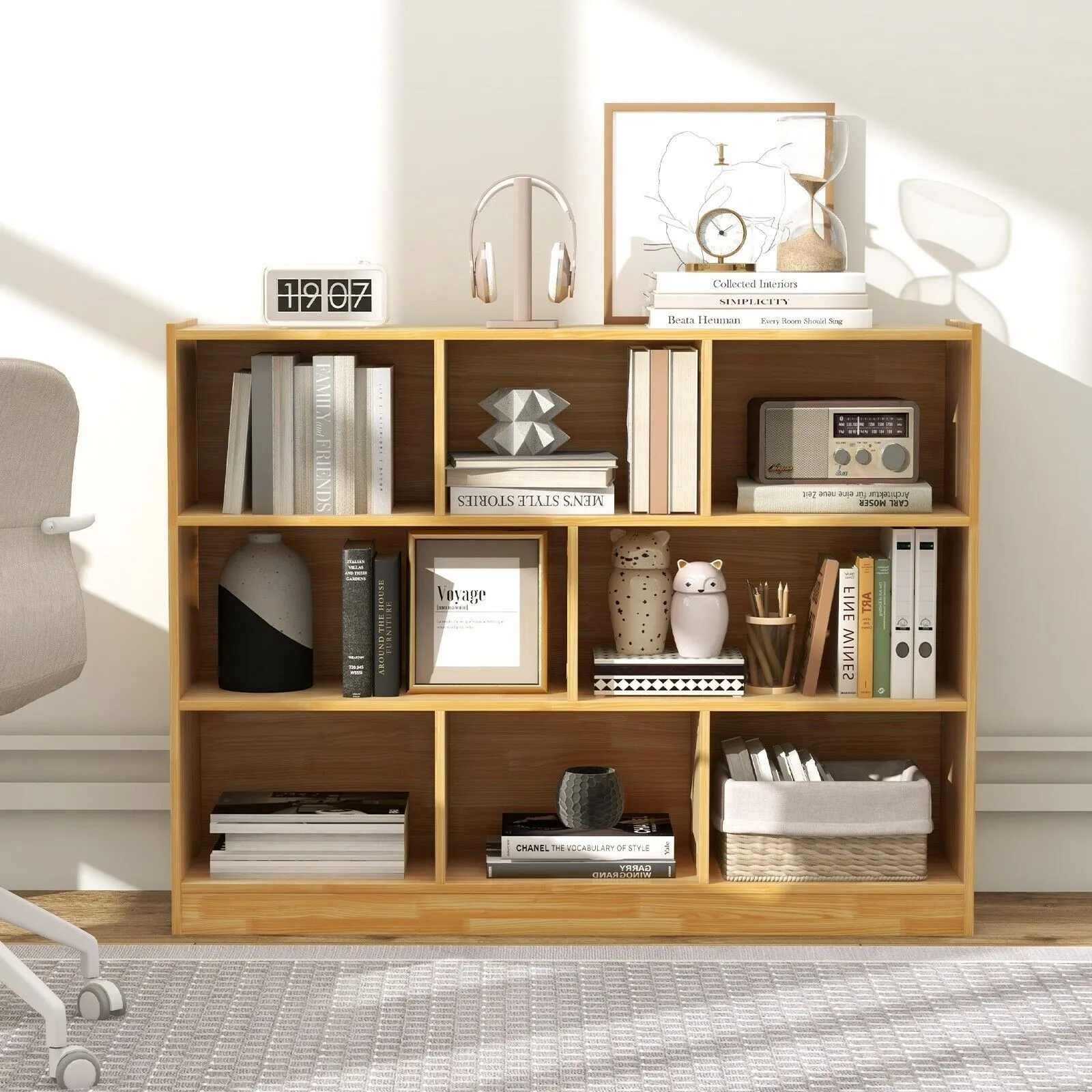 Costway Wood Storage Cube Bookcase 3 Tier 8 Cube Open Shelf Storage Cabinet in Yellow 4