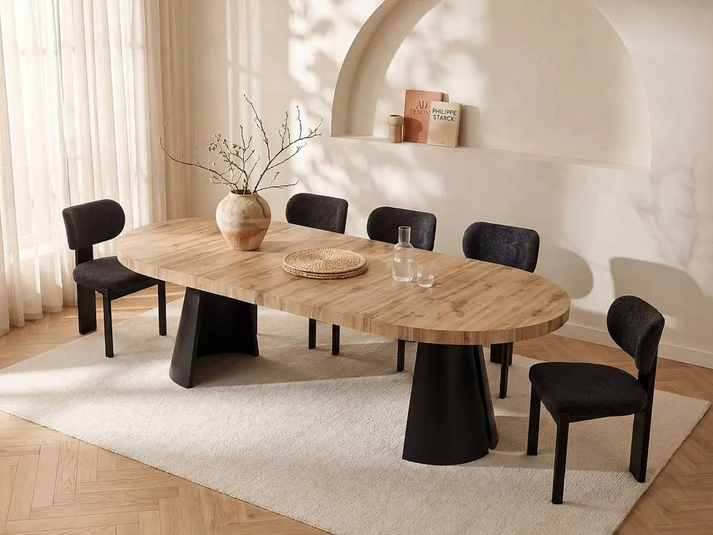 Vente-unique Extendable Dining Table 4 To 12 People In MDF & Black Metal - Light in Light Oak 3