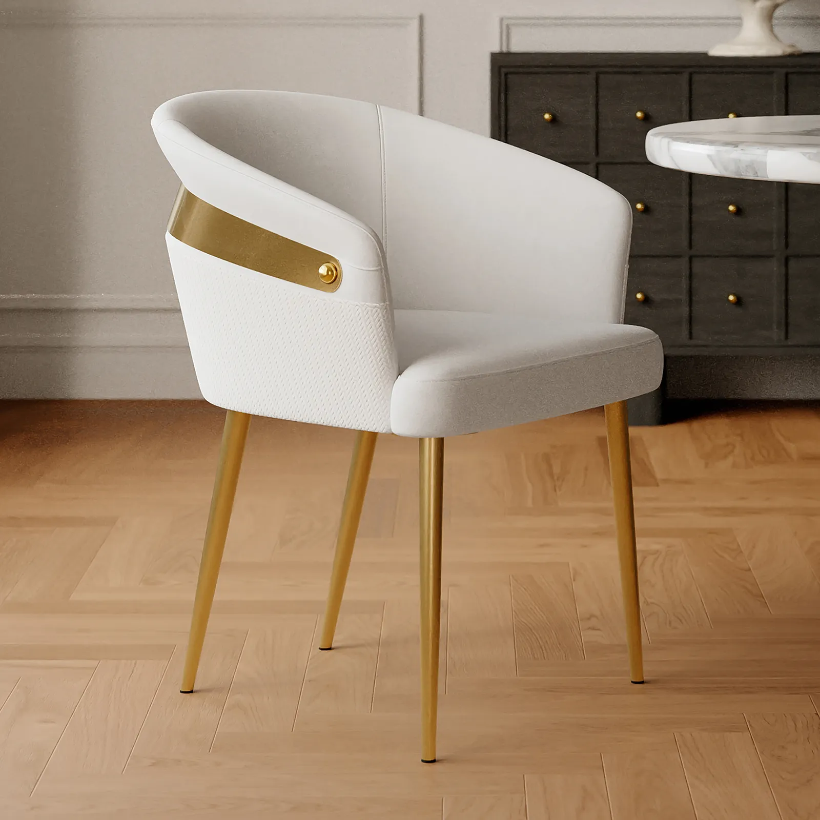 Modern White PU Leather Dining Chair Curved Back with Gold Legs