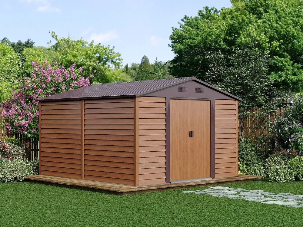 Vente-unique Galvanised Steel Garden Shed - Wood Effect - 11.75 M² - ARSEGO in Walnut