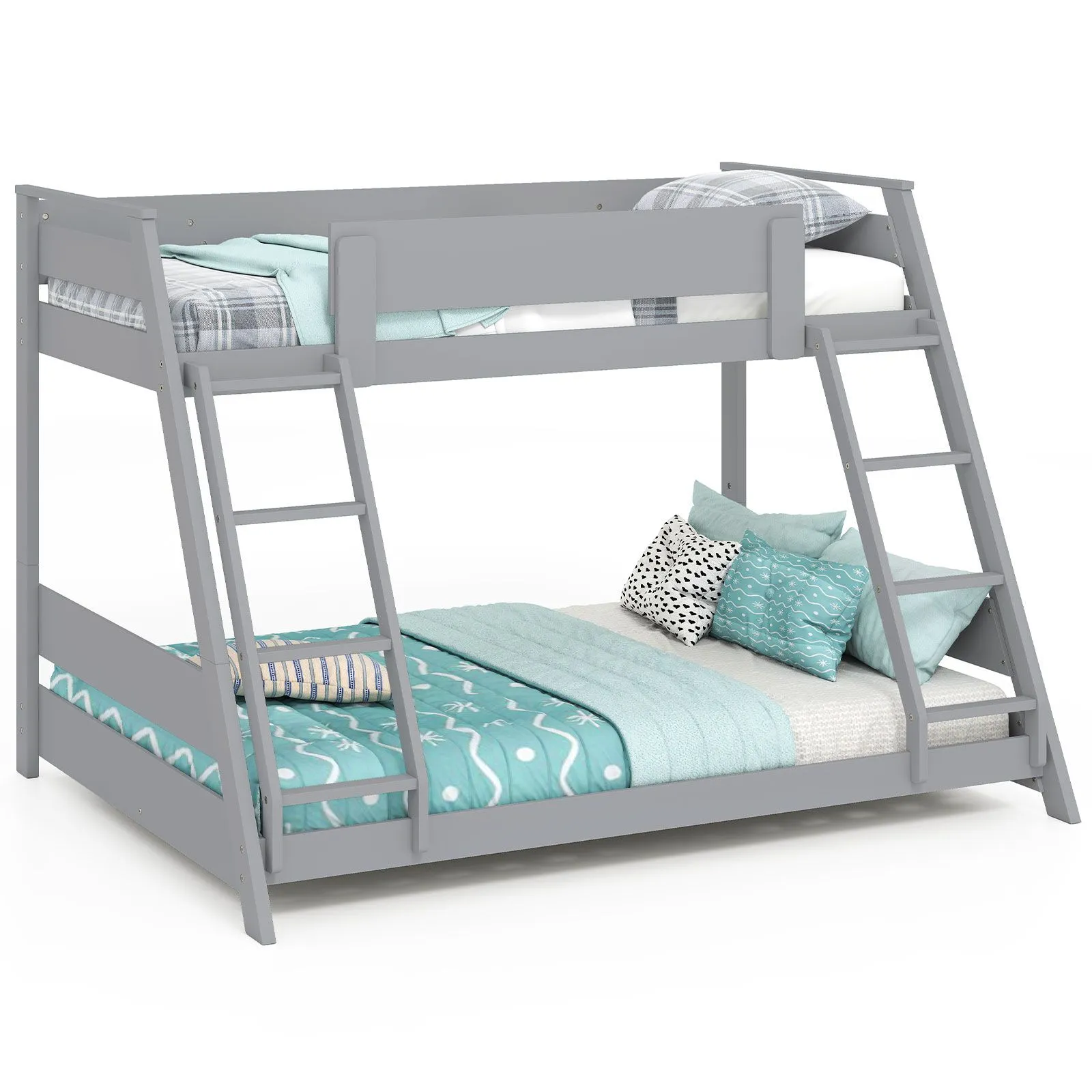 Costway 2-in-1 Single Over Double Bunk Bed Convertible Bed Frame w/ 2 Ladders in Grey