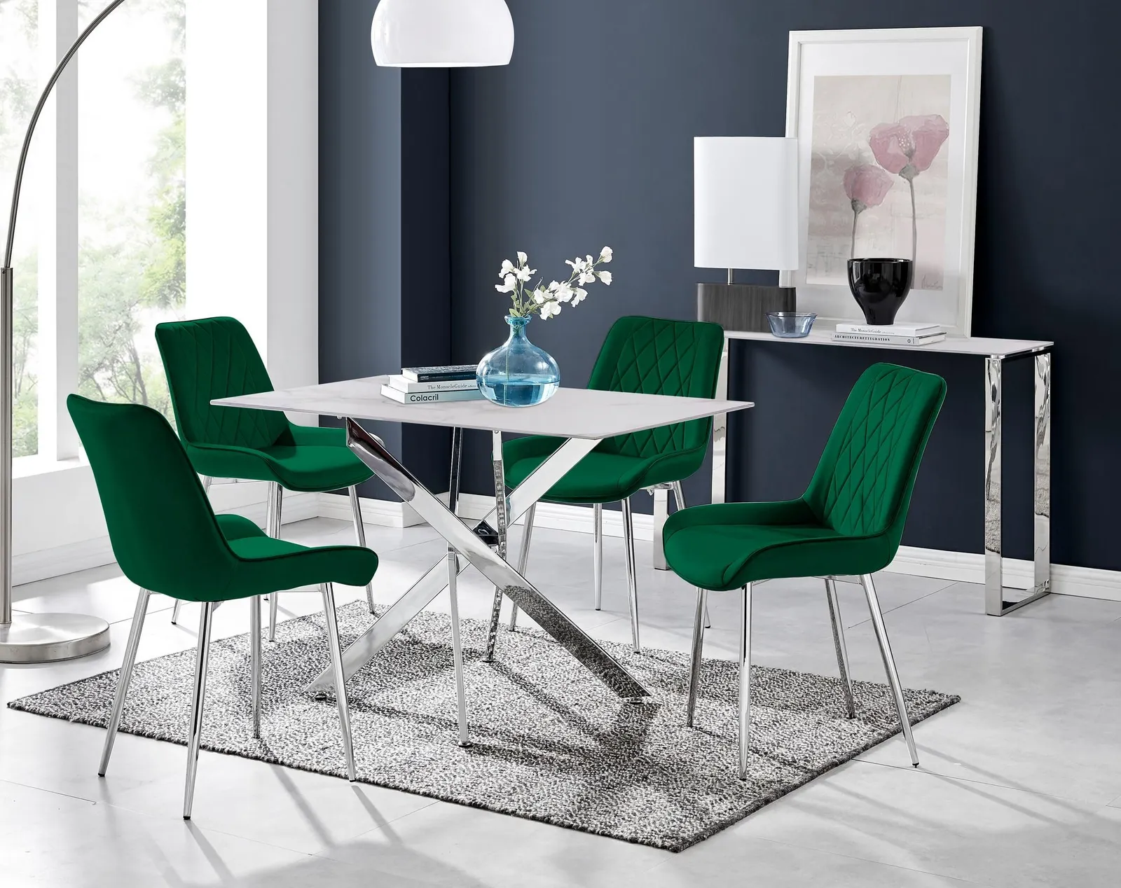 FurnitureboxUK Leonardo White Glass Marble Effect Silver Leg Table & 4 Pesaro Silver Chairs in Green 1