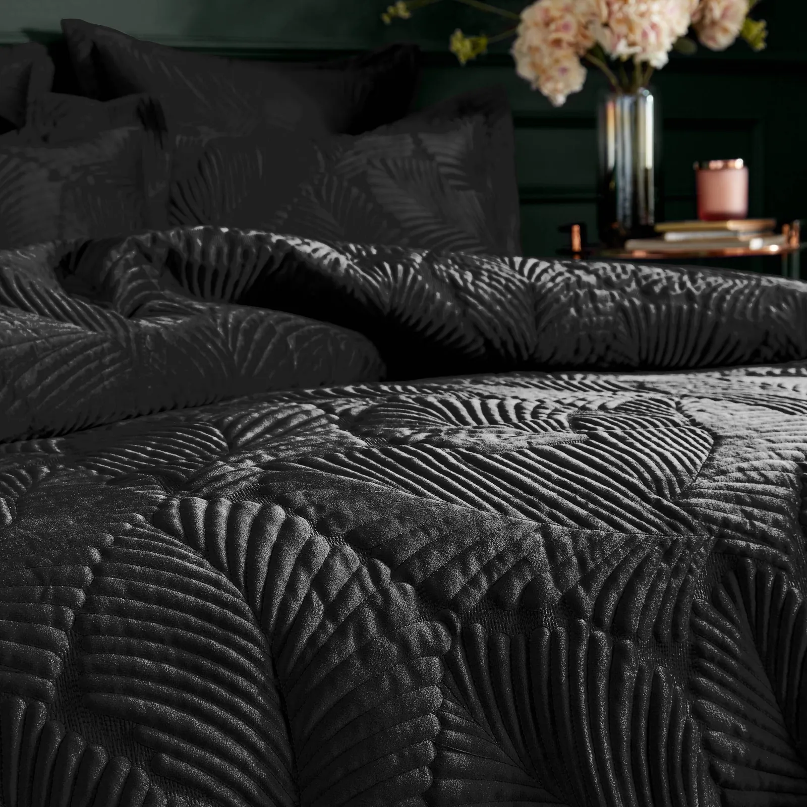 Paoletti Palmeria Quilted Velvet Duvet Cover Set in Black 2