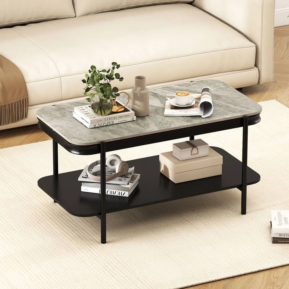 Costway Modern Rectangular Coffee Table 2-Tier Center Table in Grey 5