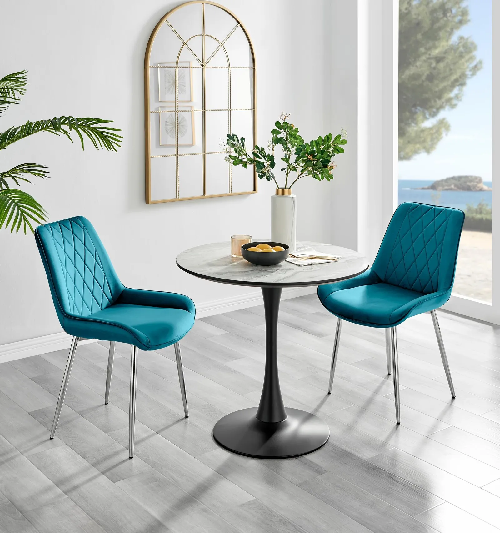FurnitureboxUK Elina White Marble Effect Scratch Resistant Dining Table & 2 Pesaro Silver Leg Velvet Chairs in Blue 1
