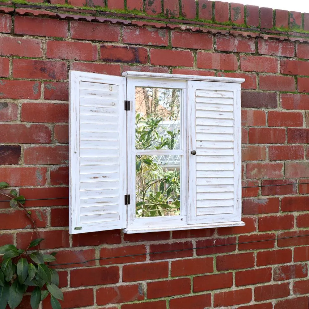 Melody Maison Distressed Ivory Shutter Style Garden Wall Mounted Mirror 60cm X 70cm 2