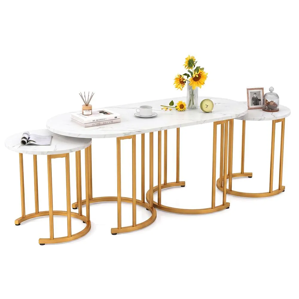 Costway 3PCS Nesting Coffee Table Set 110cm Coffee Table w/ 2 Side Tables in White