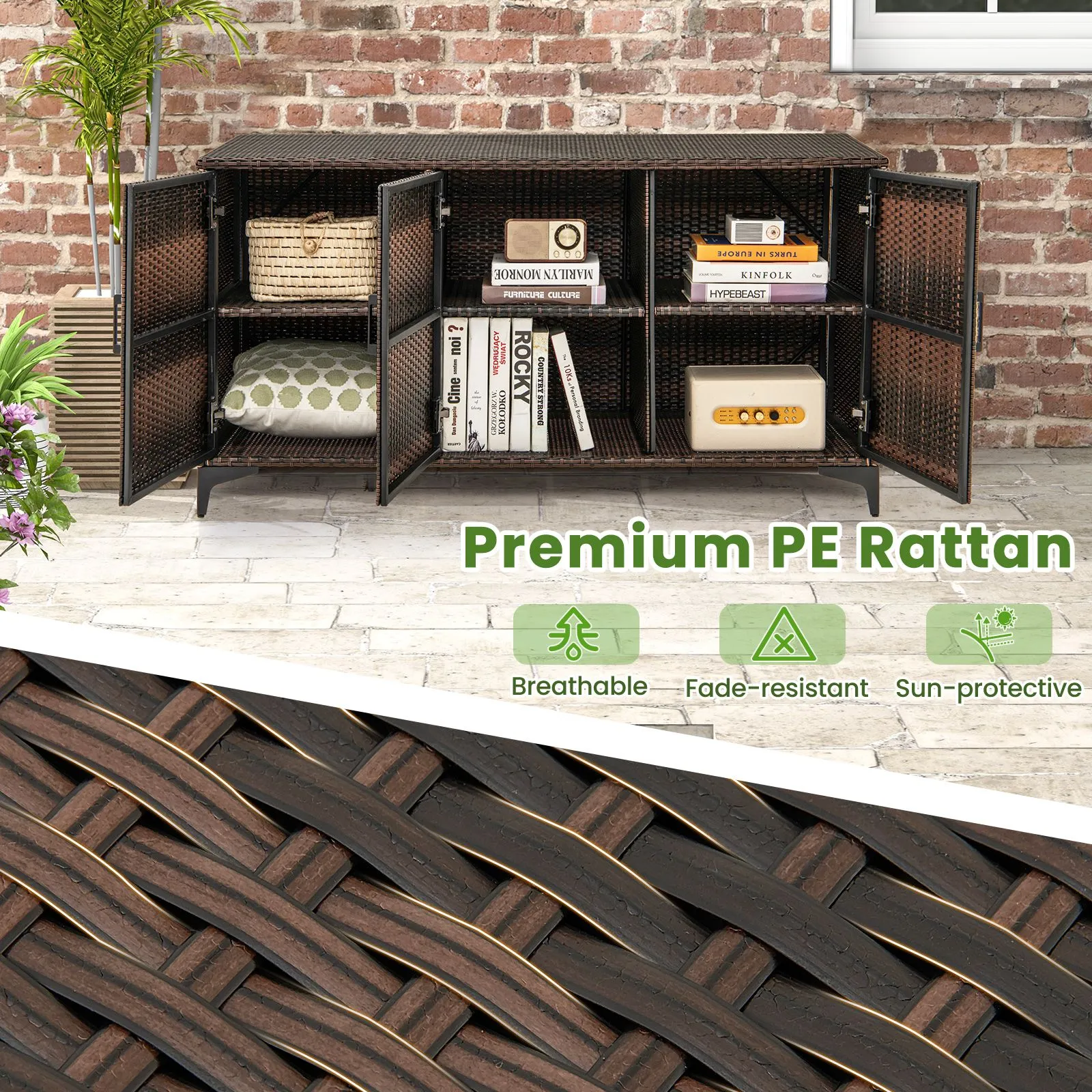 Costway 318 L Patio Wicker Storage Cabinet 3 Door Deck Box Indoor PE Rattan Storage Bin in Brown 5