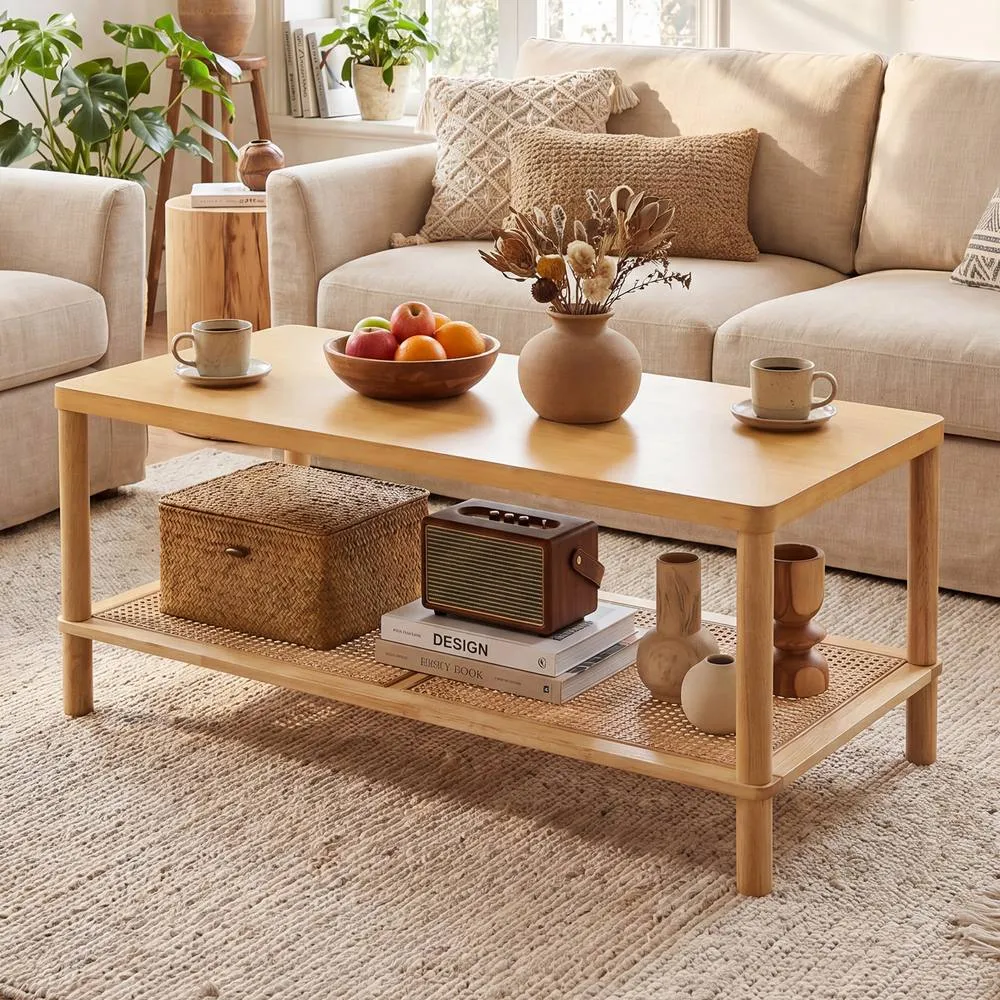 Costway Boho Coffee Table for Living Room Rubber Wood Rectangular Center Table in Natural 5