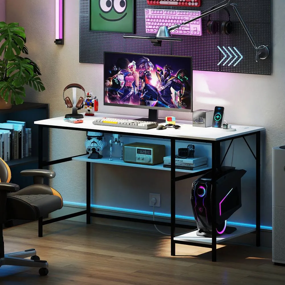 Costway 140 x 60 CM Computer Desk w/ Charging Station & 4 Power Outlets in White 5