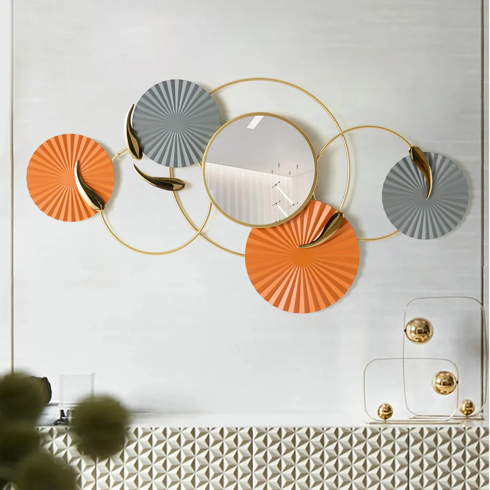 46" Modern Wall Mirror – Geometric Iron Art Decorative Mirror
