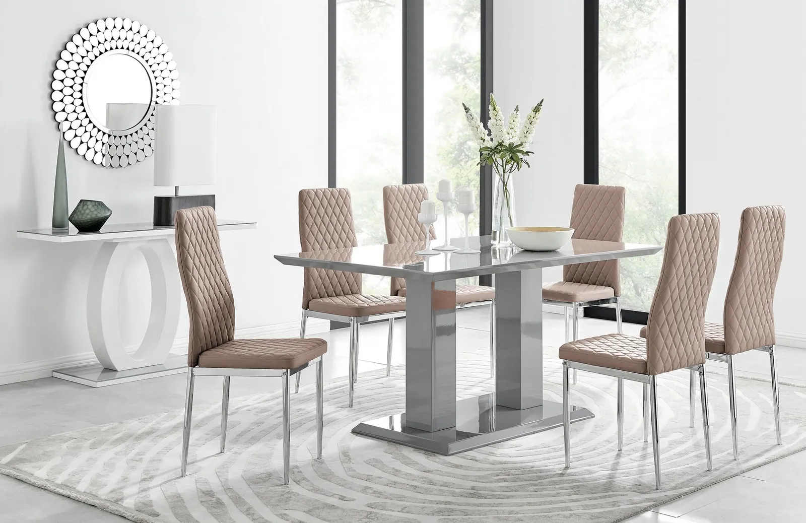 FurnitureboxUK Imperia Grey Modern High Gloss Dining Table & 6 Milan Dining Chairs Set in Beige 1